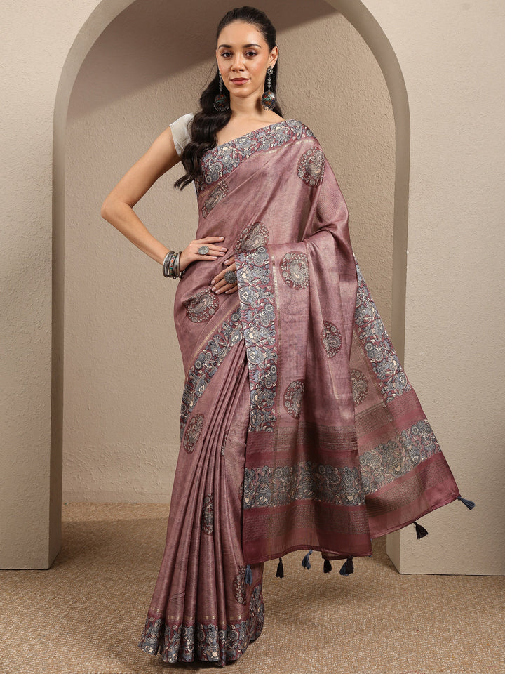 Mauve Printed Silk Blend Saree With Unstitched Blouse Piece