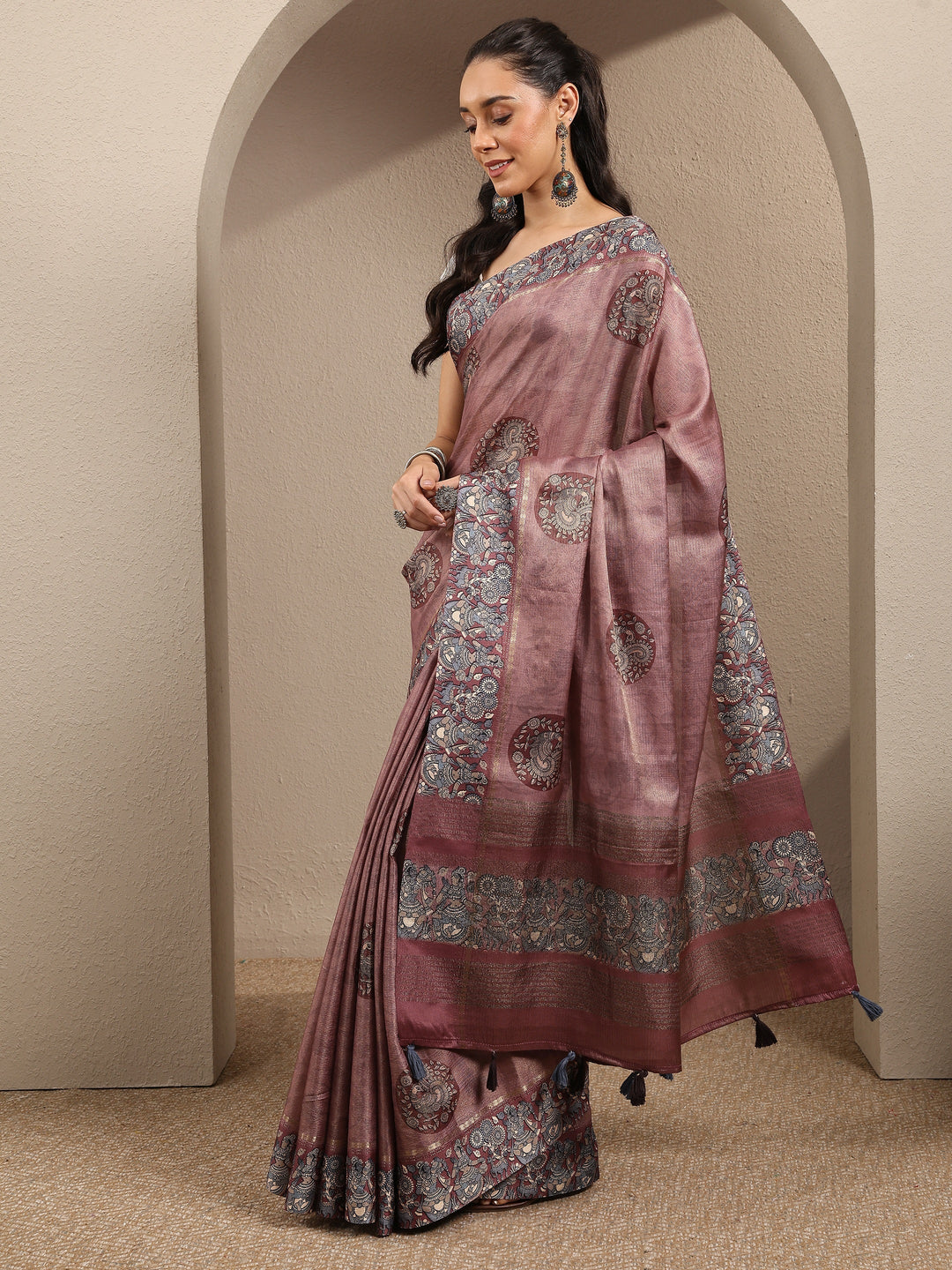 Mauve Printed Silk Blend Saree With Unstitched Blouse Piece