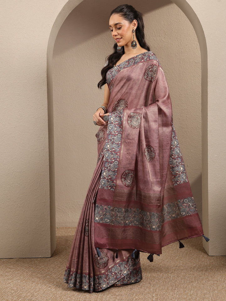 Mauve Printed Silk Blend Saree With Unstitched Blouse Piece
