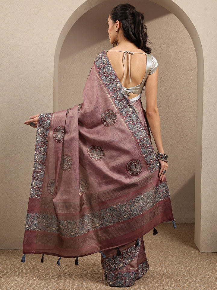 Mauve Printed Silk Blend Saree With Unstitched Blouse Piece