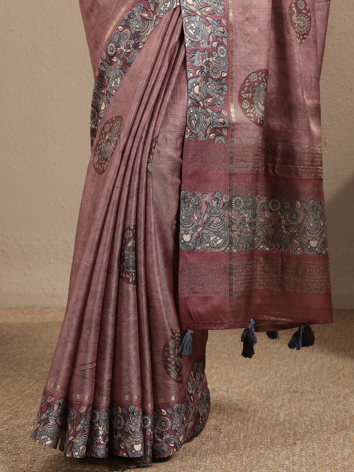 Mauve Printed Silk Blend Saree With Unstitched Blouse Piece
