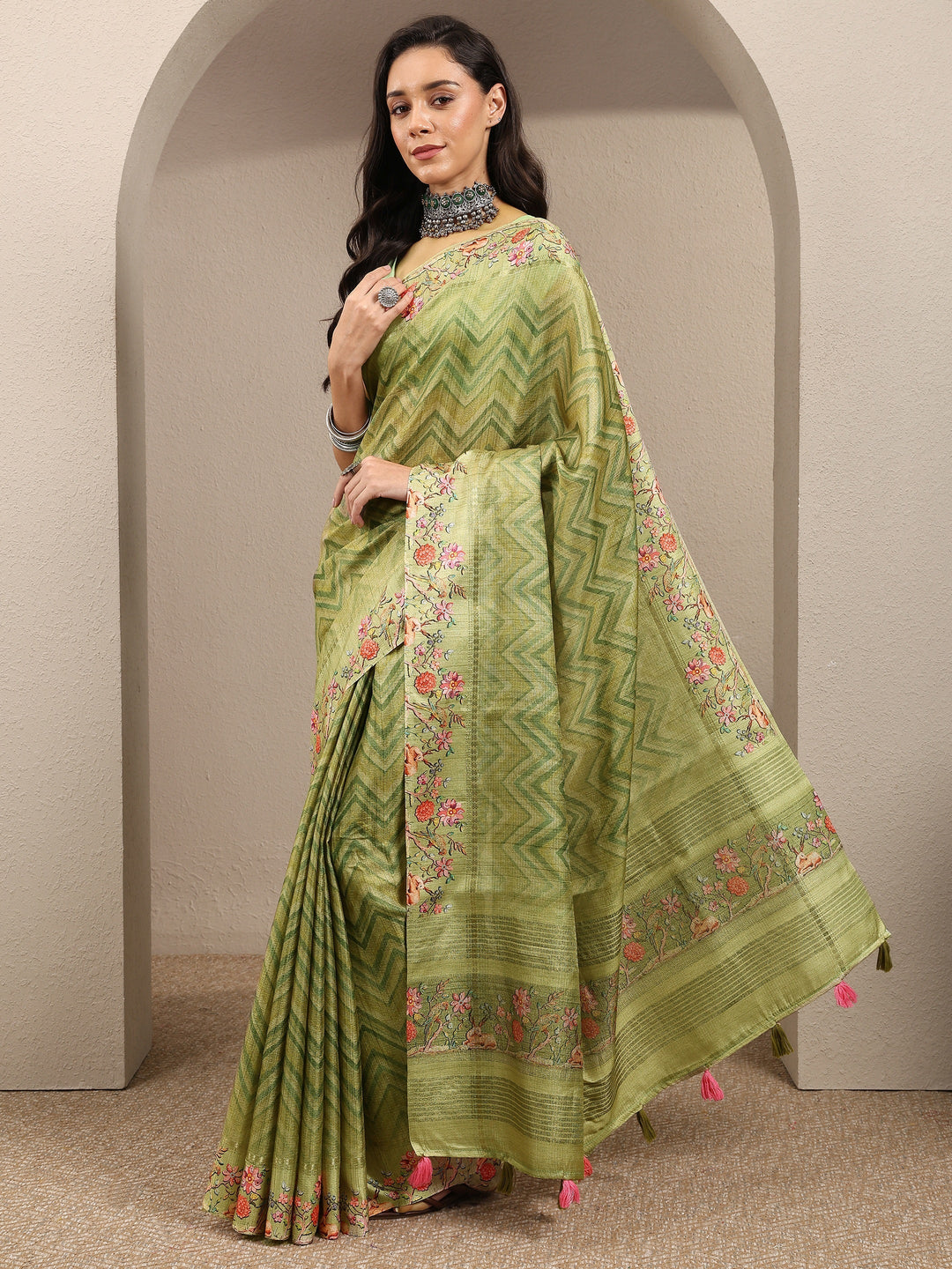 Green Leheriya Printed Silk Blend Saree With Unstitched Blouse Piece