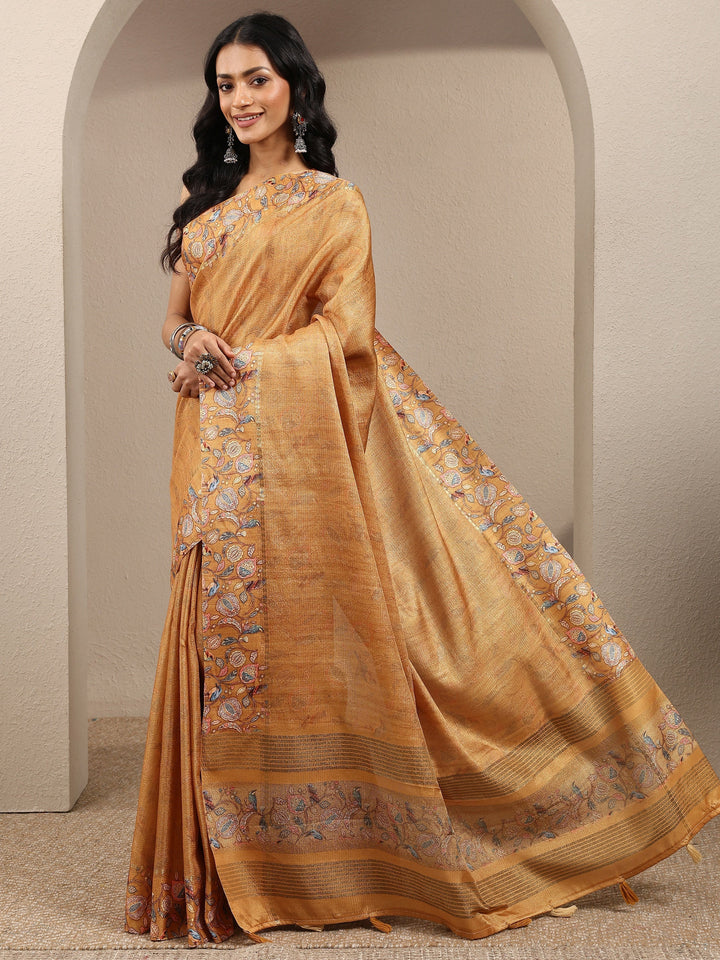 Mustard Printed Silk Blend Saree With Unstitched Blouse Piece