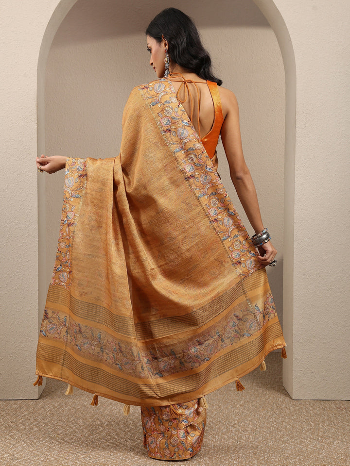 Mustard Printed Silk Blend Saree With Unstitched Blouse Piece