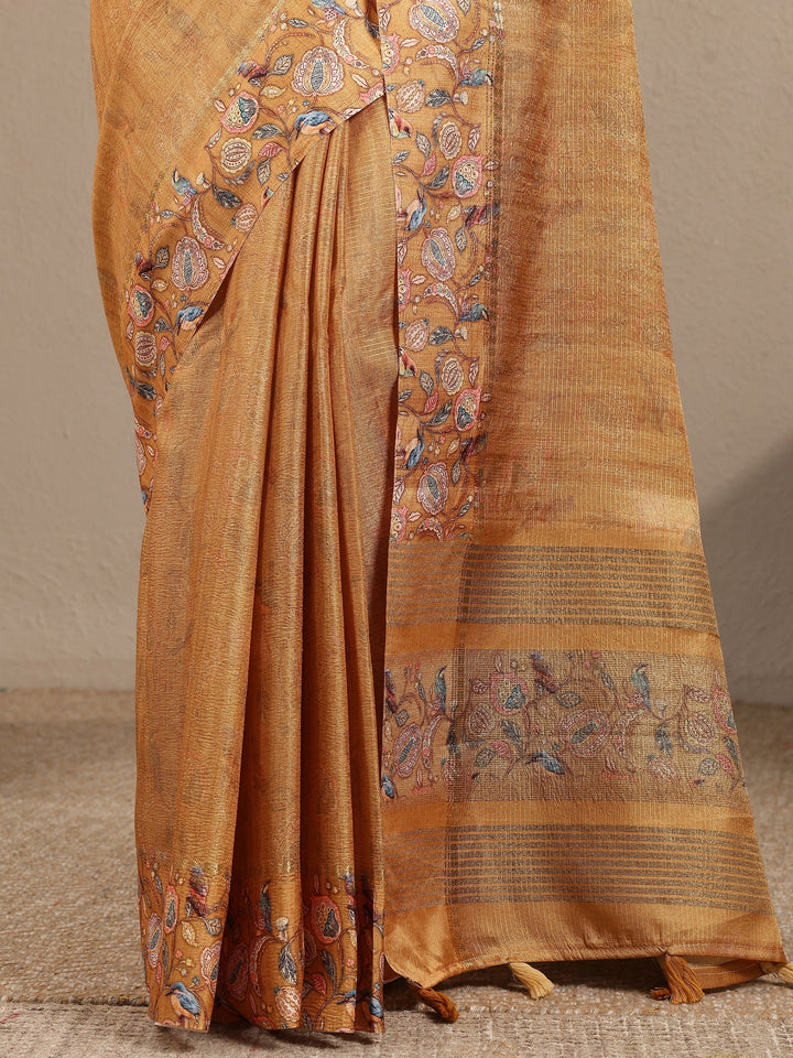 Mustard Printed Silk Blend Saree With Unstitched Blouse Piece