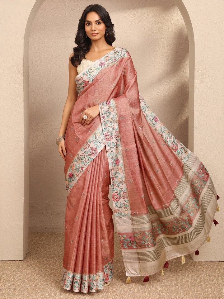 Peach Printed Silk Blend Saree With Unstitched Blouse Piece