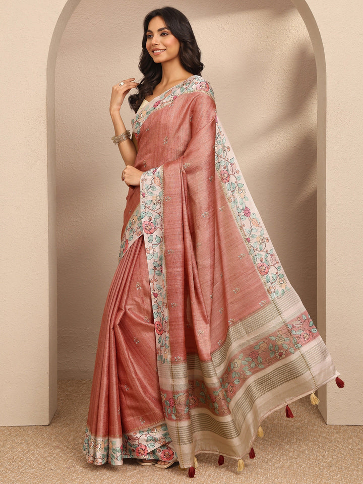 Peach Printed Silk Blend Saree With Unstitched Blouse Piece