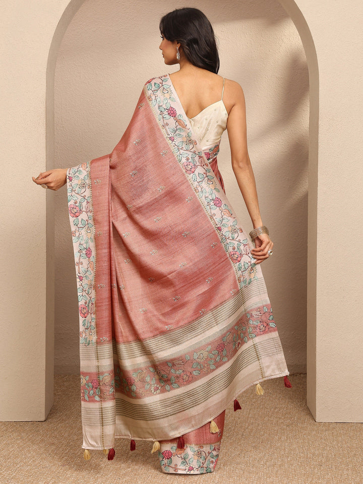 Peach Printed Silk Blend Saree With Unstitched Blouse Piece