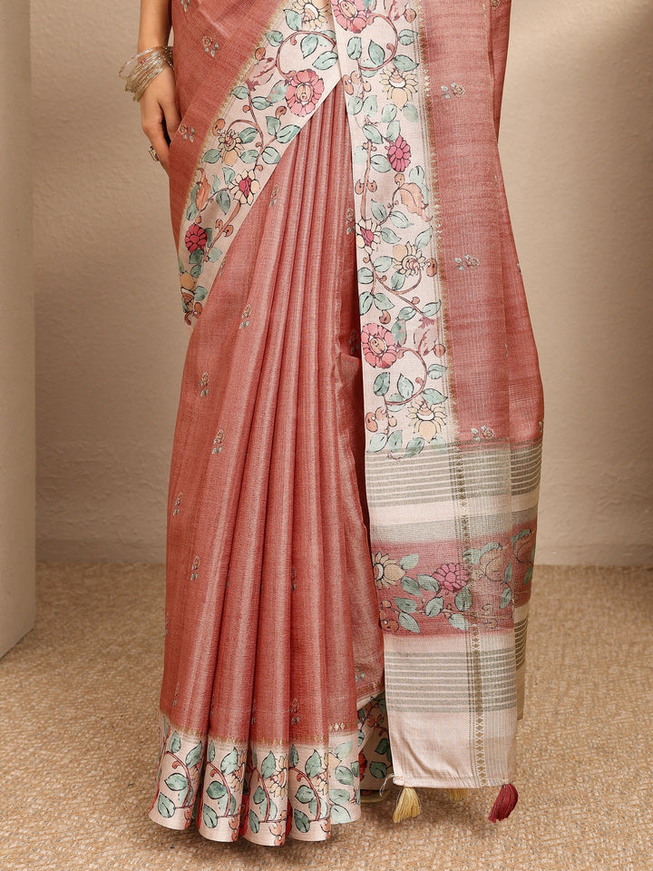 Peach Printed Silk Blend Saree With Unstitched Blouse Piece