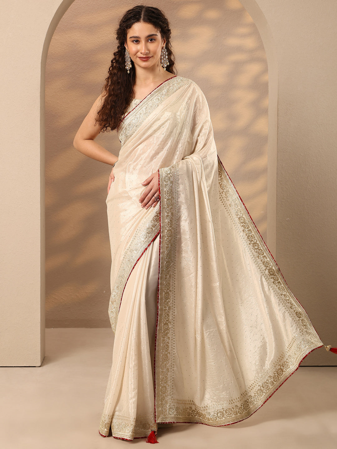 Libas Cream Embellished Silk Blend Saree With Unstitched Blouse Piece