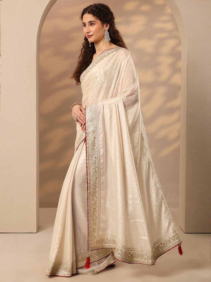 Libas Cream Embellished Silk Blend Saree With Unstitched Blouse Piece