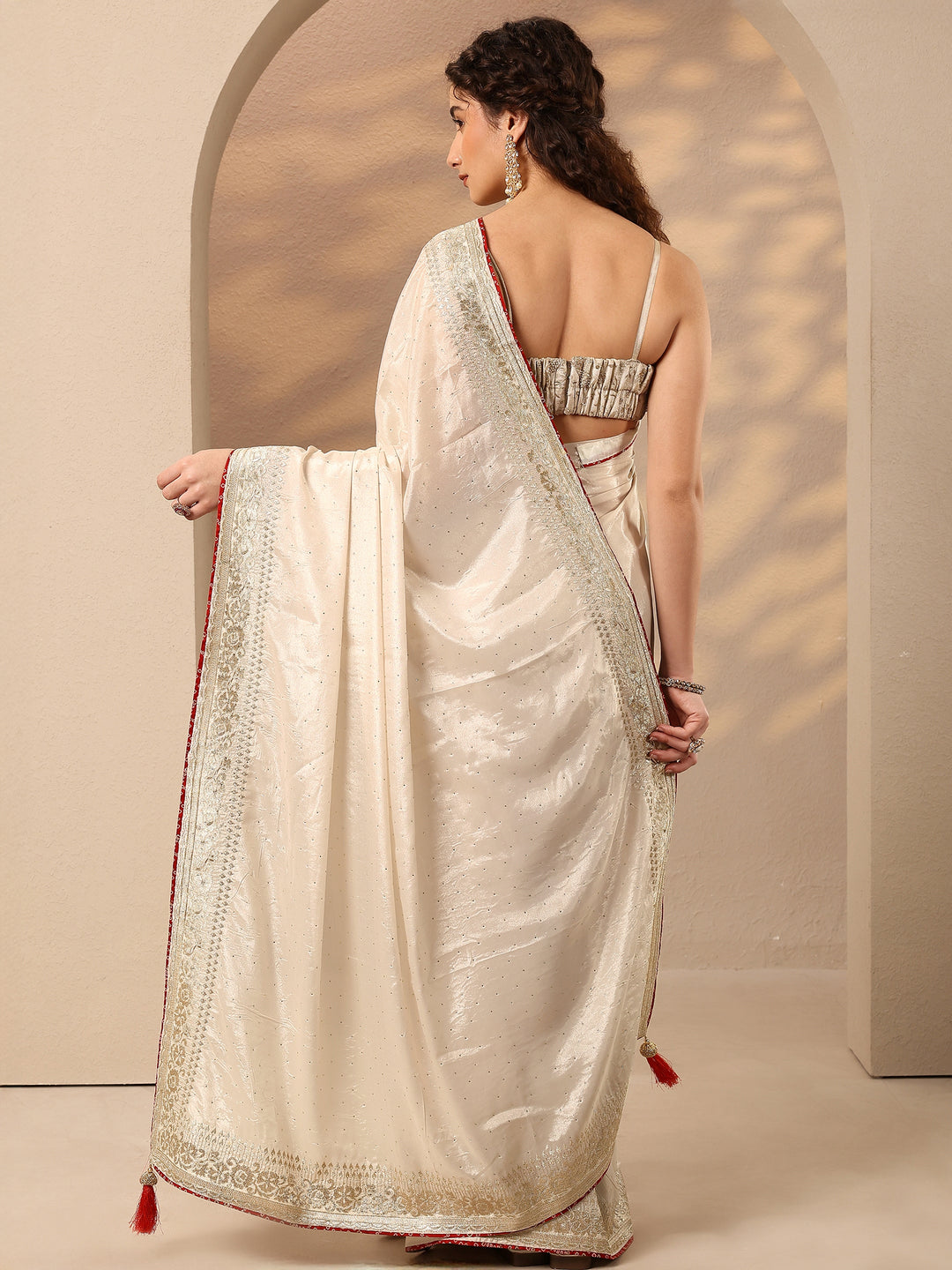 Libas Cream Embellished Silk Blend Saree With Unstitched Blouse Piece