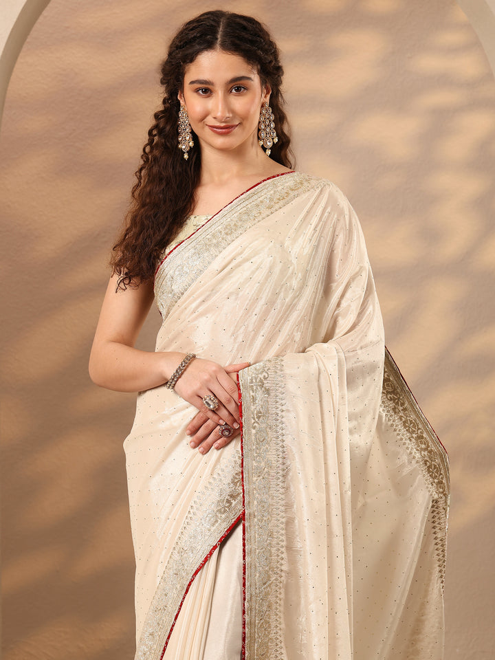 Libas Cream Embellished Silk Blend Saree With Unstitched Blouse Piece