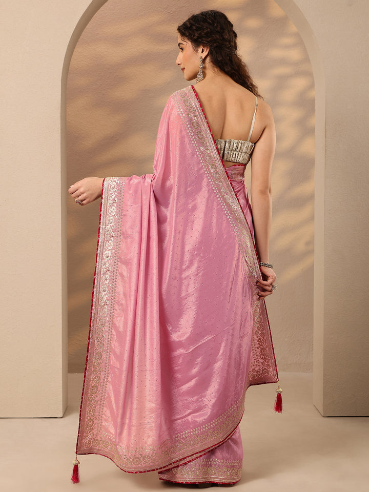 Pink Embellished Silk Blend Saree With Unstitched Blouse Piece