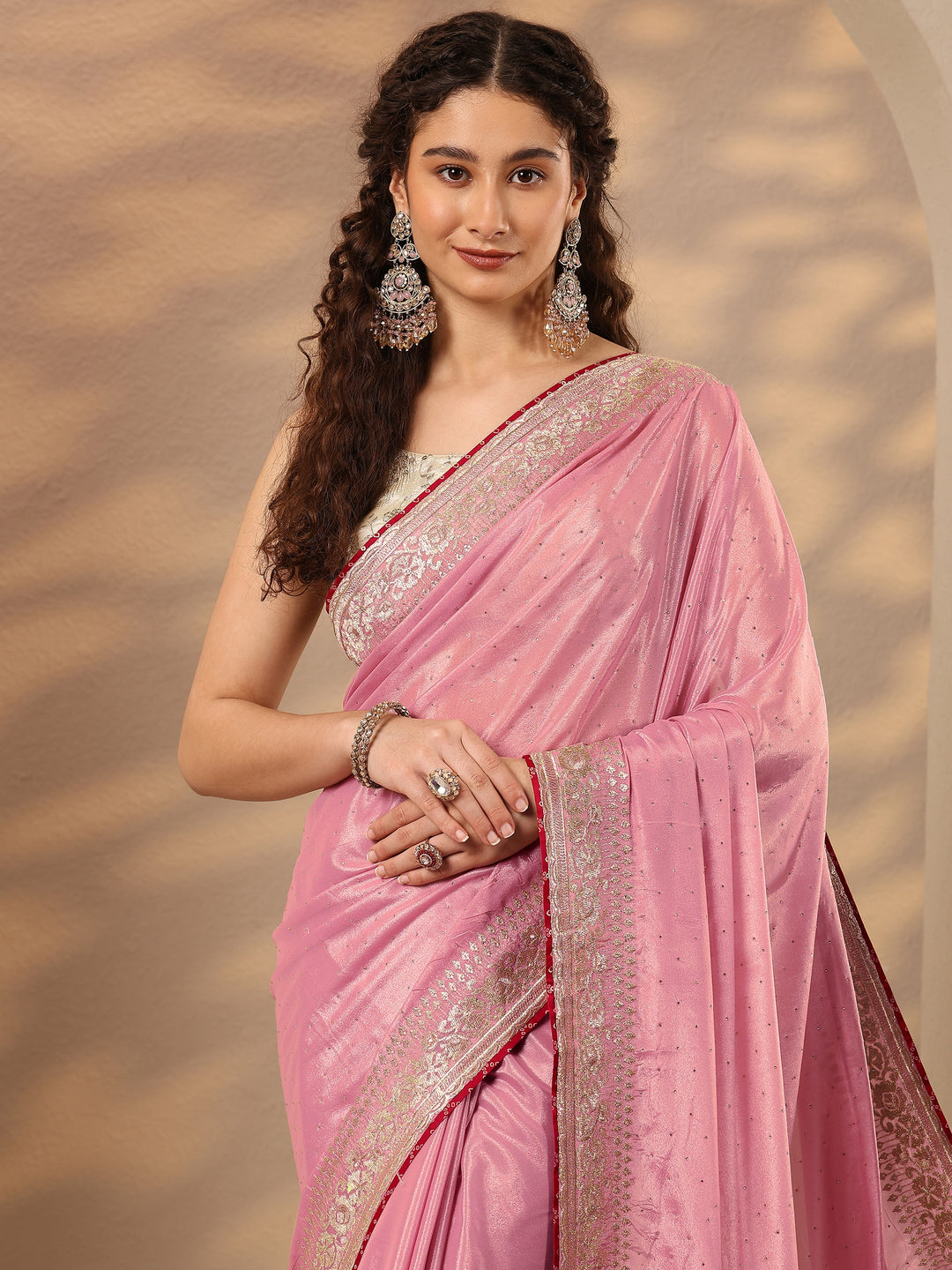 Pink Embellished Silk Blend Saree With Unstitched Blouse Piece