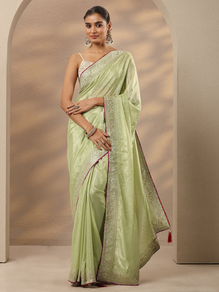 Green Embellished Silk Blend Saree With Unstitched Blouse Piece
