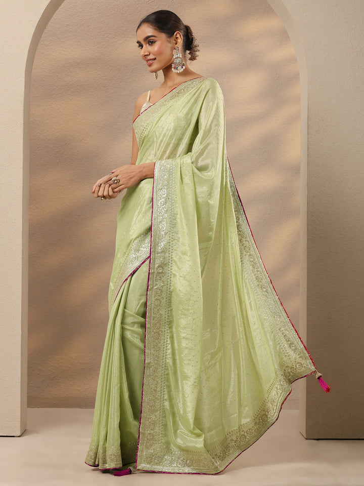 Green Embellished Silk Blend Saree With Unstitched Blouse Piece