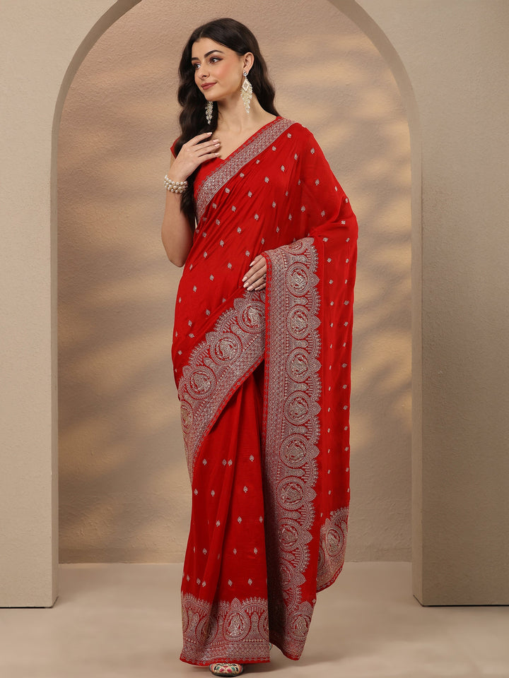Red Embroidered Georgette Saree With Unstitched Blouse Piece