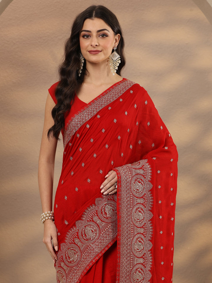 Red Embroidered Georgette Saree With Unstitched Blouse Piece