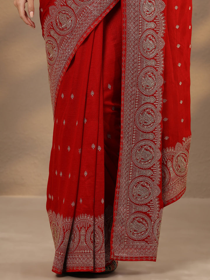 Red Embroidered Georgette Saree With Unstitched Blouse Piece