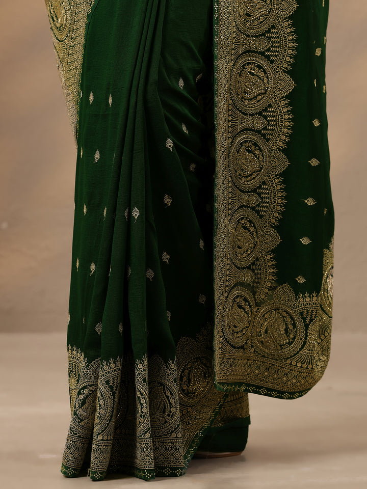 Green Embroidered Georgette Saree With Unstitched Blouse Piece