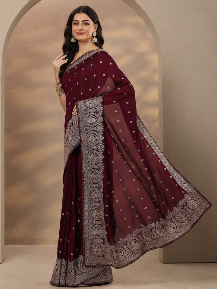 Burgundy Embroidered Georgette Saree With Unstitched Blouse Piece