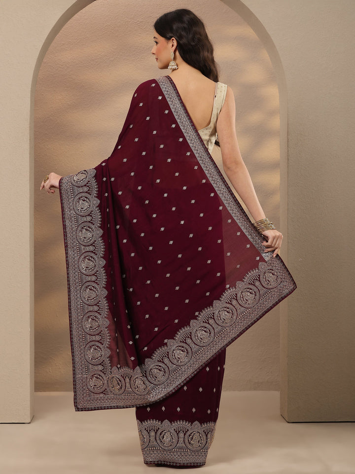 Burgundy Embroidered Georgette Saree With Unstitched Blouse Piece