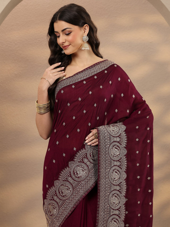 Burgundy Embroidered Georgette Saree With Unstitched Blouse Piece