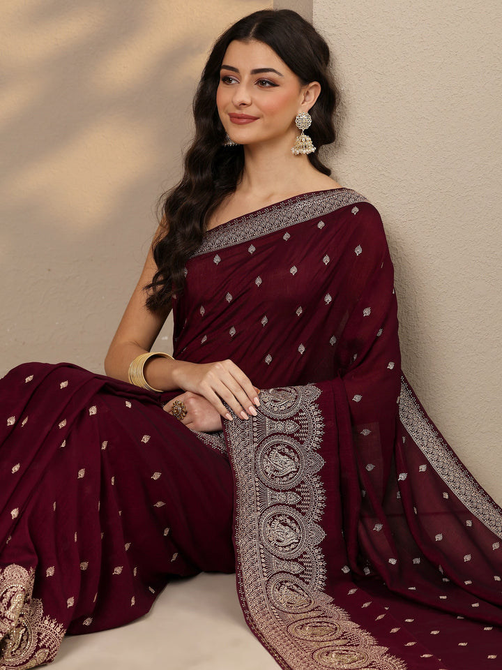 Burgundy Embroidered Georgette Saree With Unstitched Blouse Piece