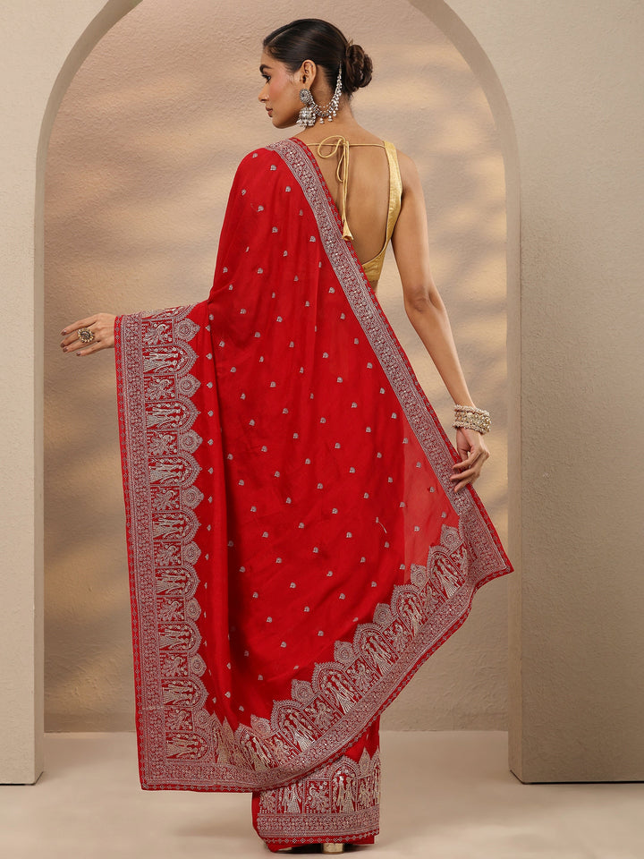 Red Embroidered Georgette Saree With Unstitched Blouse Piece