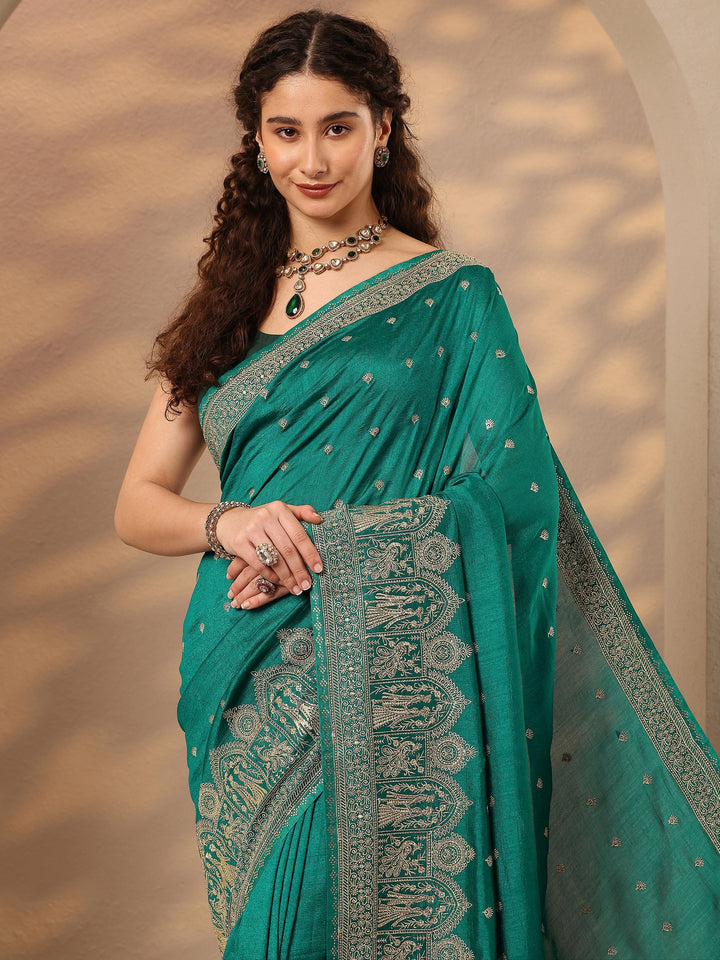 Green Embroidered Georgette Saree With Unstitched Blouse Piece