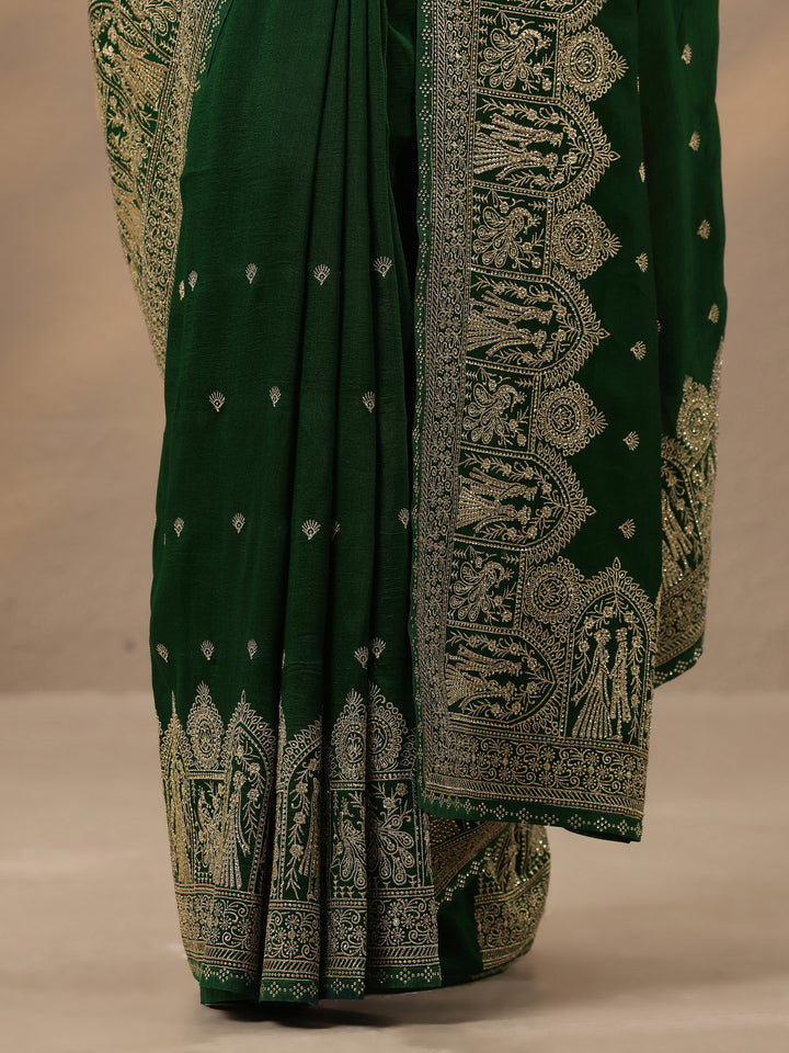 Green Embroidered Georgette Saree With Unstitched Blouse Piece