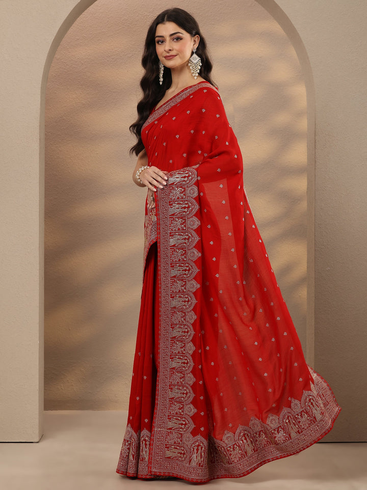 Red Embroidered Georgette Saree With Unstitched Blouse Piece