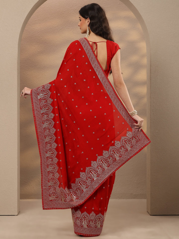 Red Embroidered Georgette Saree With Unstitched Blouse Piece