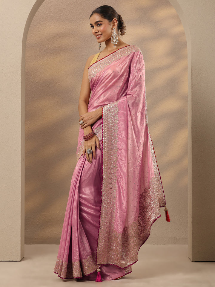 Pink Embellished Silk Blend Saree With Unstitched Blouse Piece
