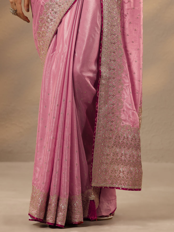 Pink Embellished Silk Blend Saree With Unstitched Blouse Piece