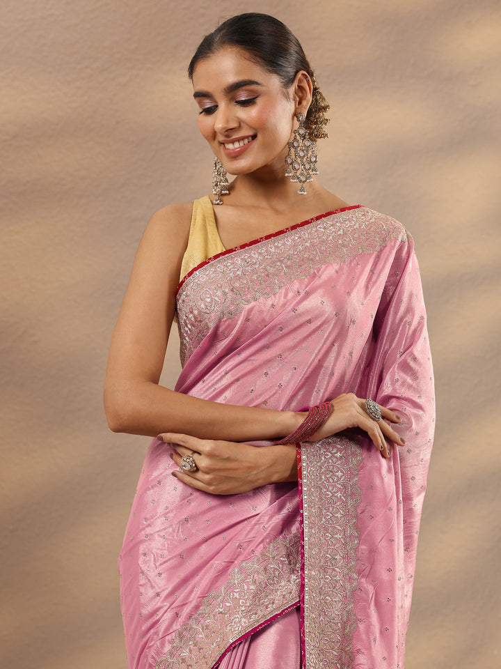 Pink Embellished Silk Blend Saree With Unstitched Blouse Piece