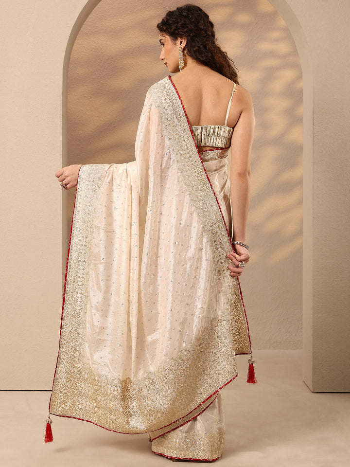 Cream Embellished Silk Blend Saree With Unstitched Blouse Piece