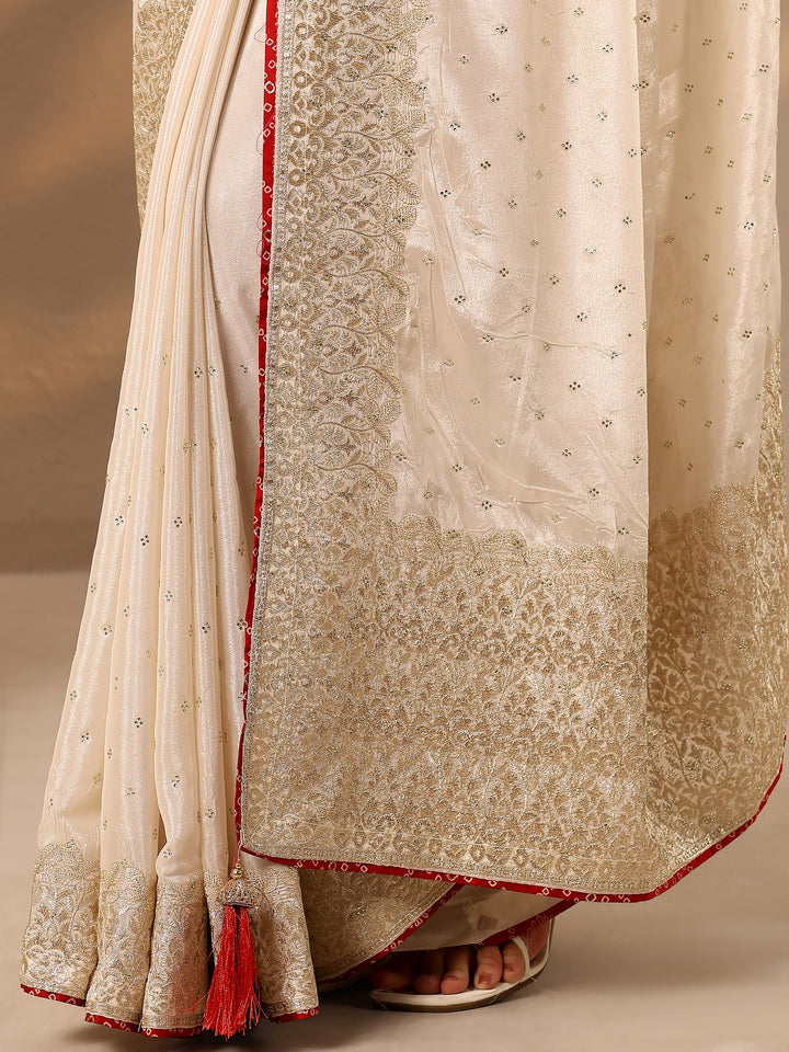 Cream Embellished Silk Blend Saree With Unstitched Blouse Piece