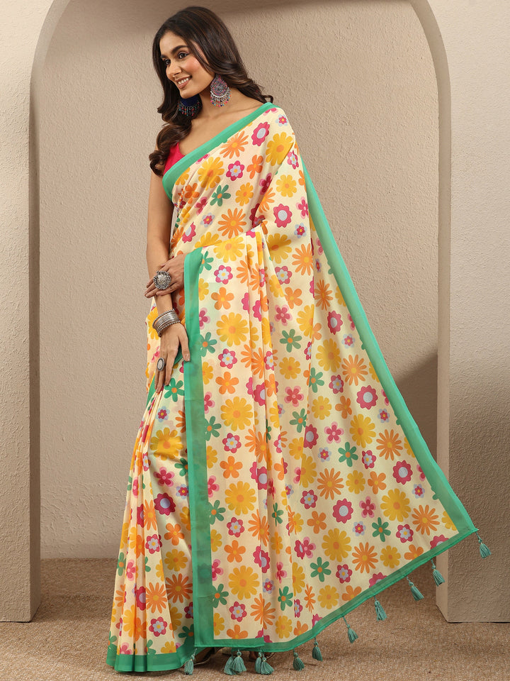 Cream Printed Georgette Saree With Unstitched Blouse Piece