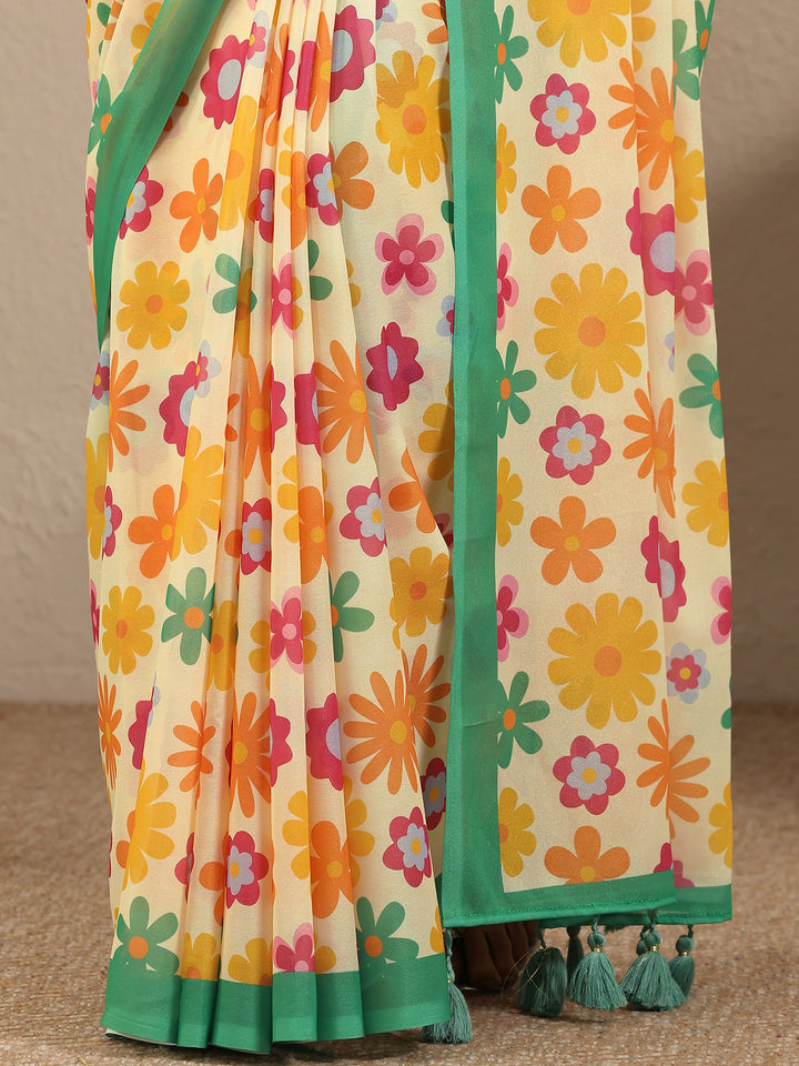 Cream Printed Georgette Saree With Unstitched Blouse Piece