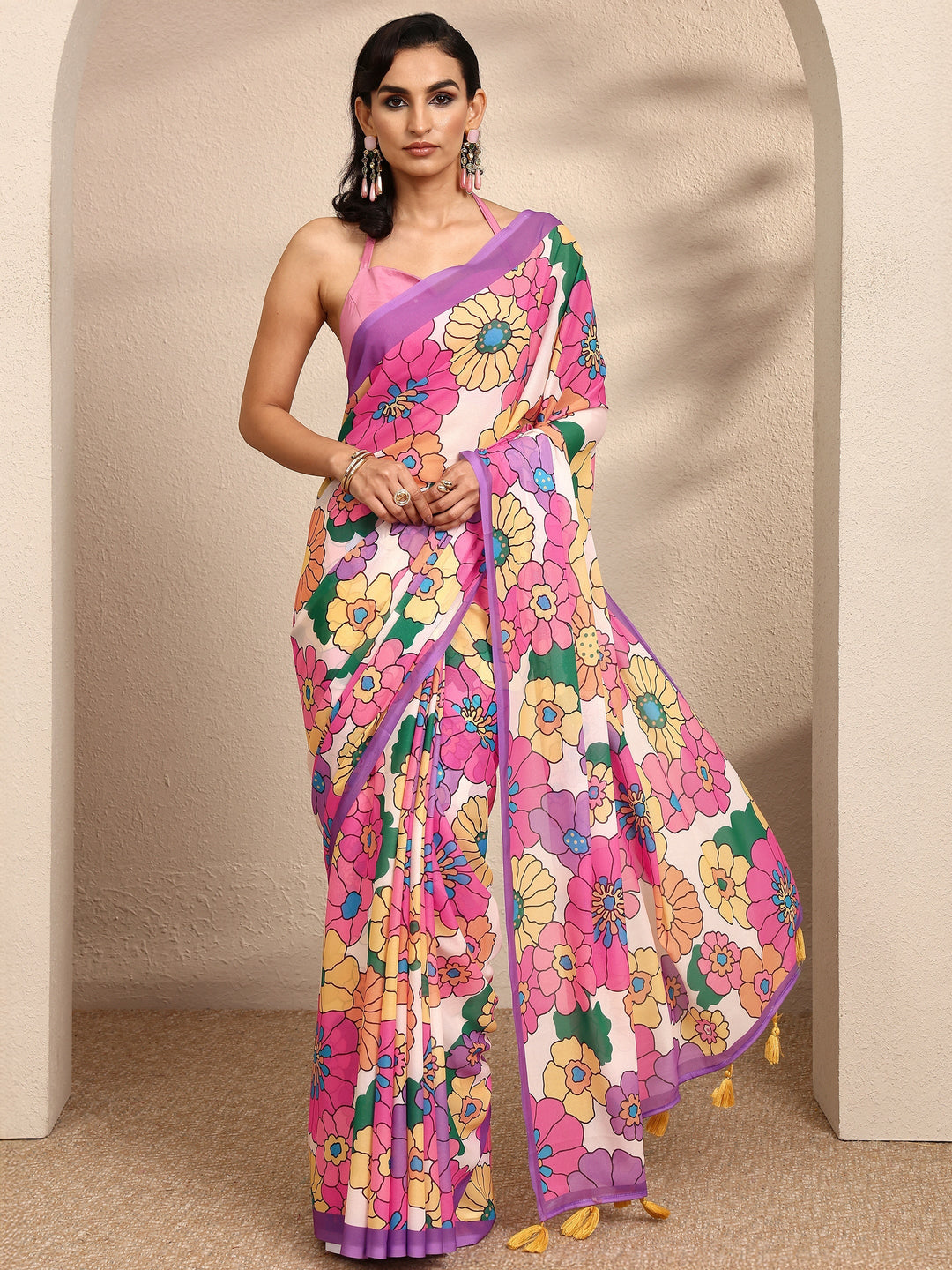 Purple Printed Georgette Saree With Unstitched Blouse Piece