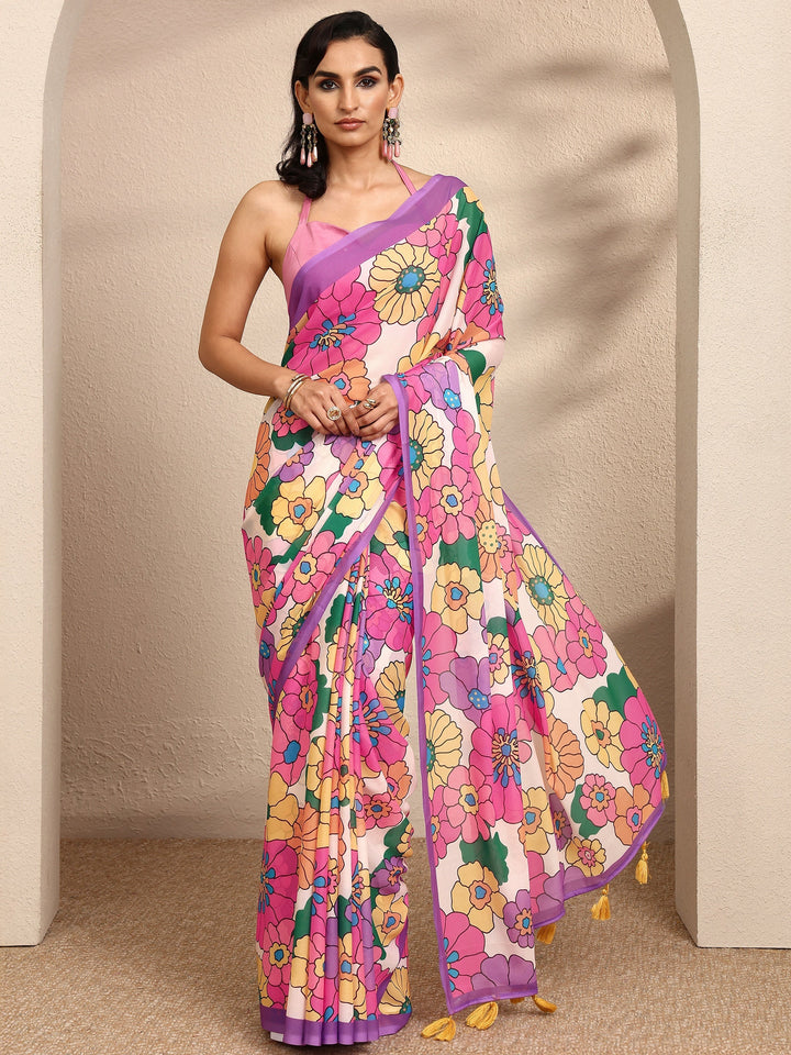 Purple Printed Georgette Saree With Unstitched Blouse Piece