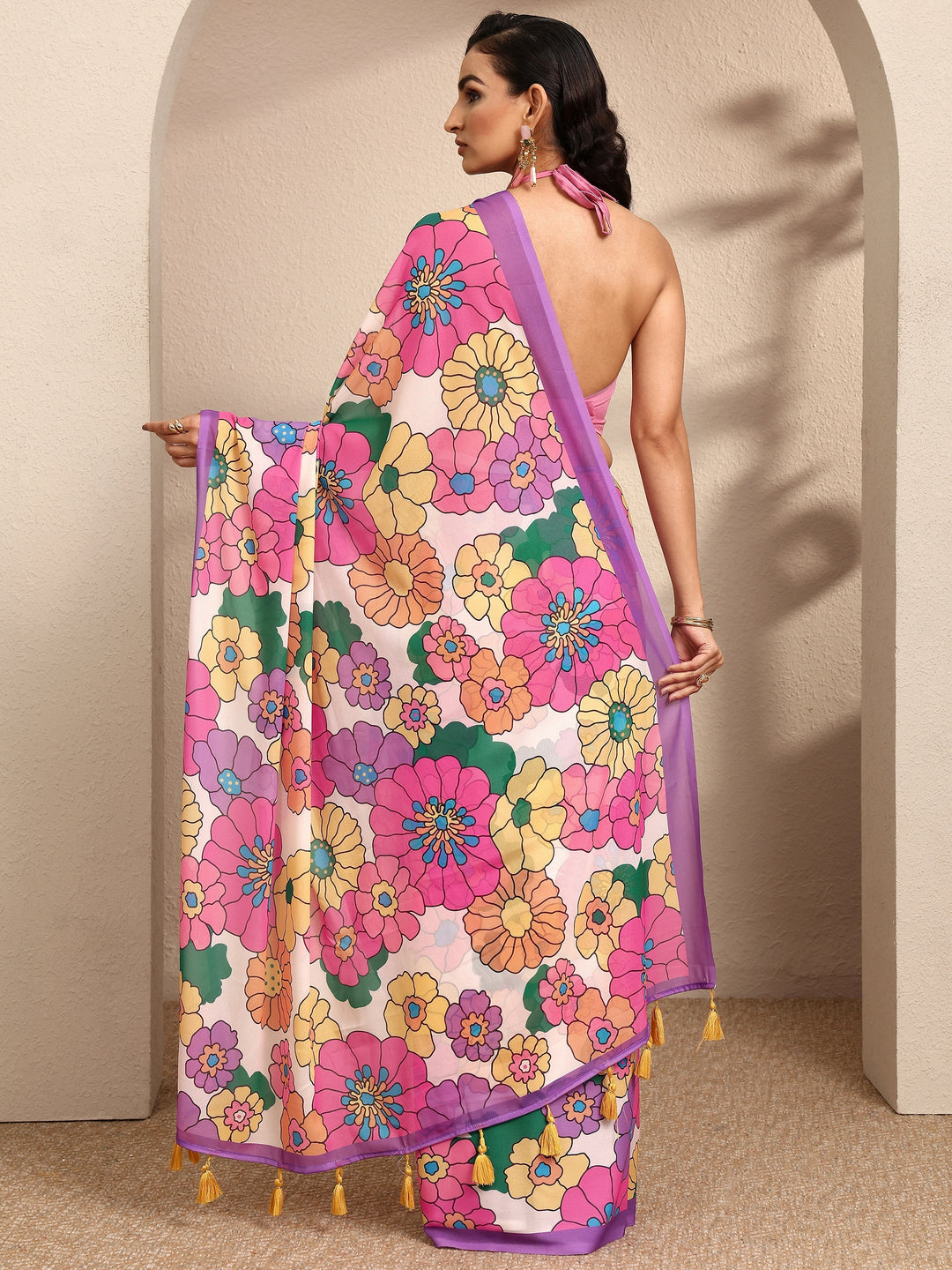 Purple Printed Georgette Saree With Unstitched Blouse Piece