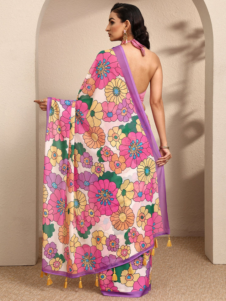 Purple Printed Georgette Saree With Unstitched Blouse Piece