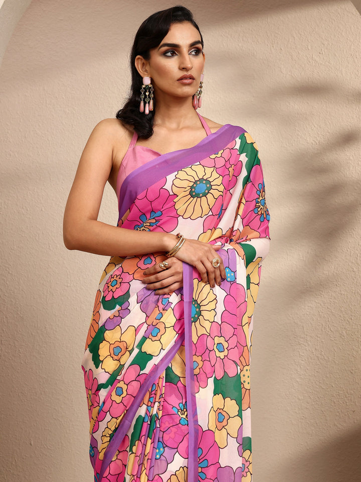 Purple Printed Georgette Saree With Unstitched Blouse Piece
