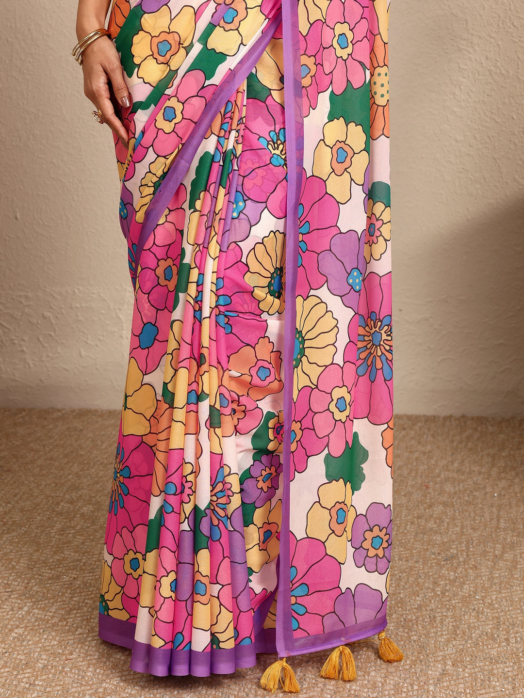 Purple Printed Georgette Saree With Unstitched Blouse Piece