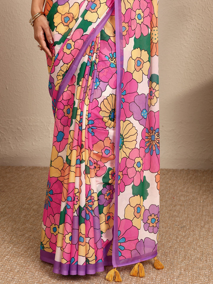 Purple Printed Georgette Saree With Unstitched Blouse Piece