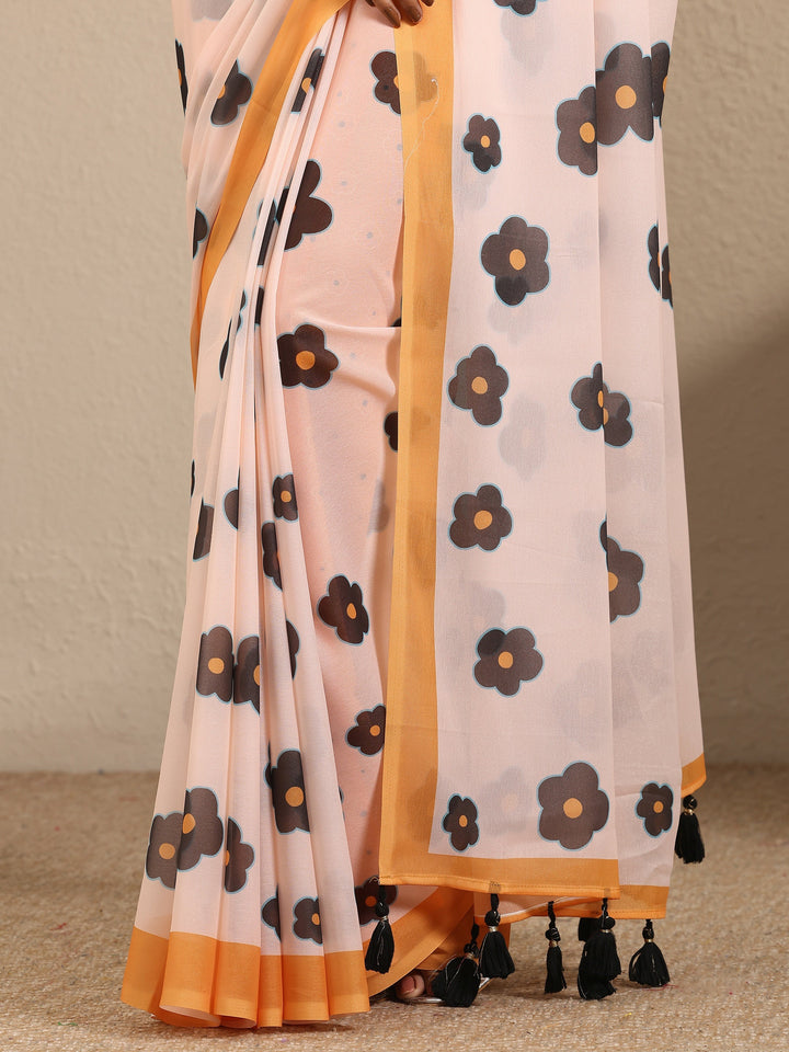 Peach Printed Georgette Saree With Unstitched Blouse Piece