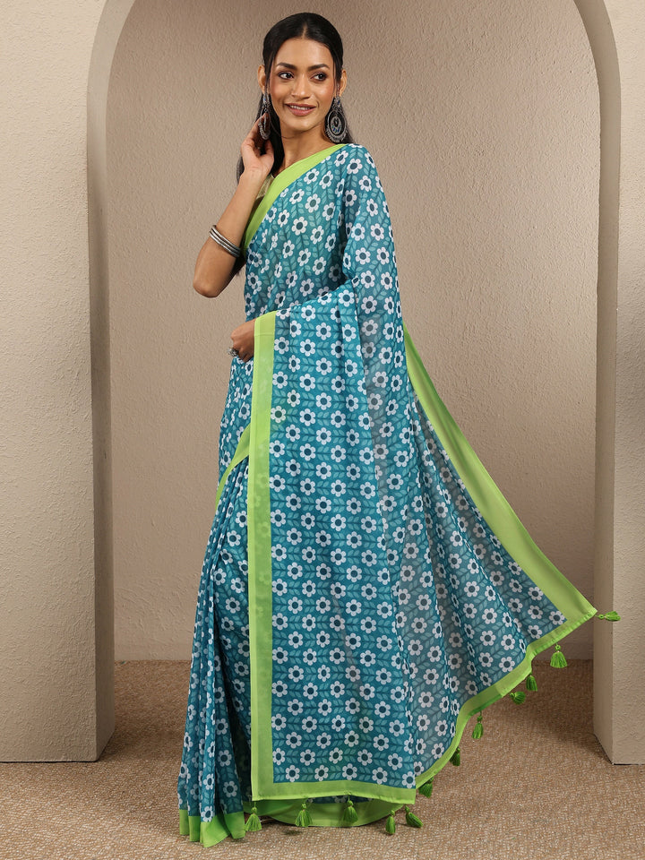 Blue Printed Georgette Saree With Unstitched Blouse Piece